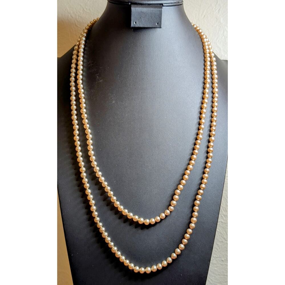 Vintage 58" Long 5-6mm Faux Champagne Pearl Rhinestone Slide In Clasp Necklace